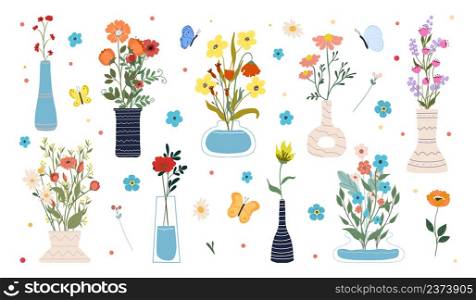 Collection of blooming flowers in vases and bottles isolated on white background. Set of decorative floral design elements. Flat cartoon vector illustration.. Collection of blooming flowers in vases and bottles isolated on white background. Set of decorative floral design elements. Flat cartoon vector illustration