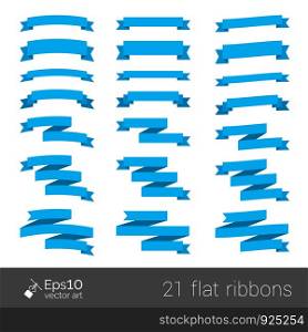 Collection of blue flat style ribbons isolated on white with space for your text. Vector elements for your design. Paper origami.