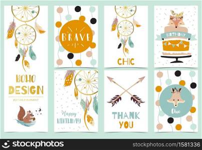 Collection of boho cards set with feather,dreamcatcher,fox.Vector illustration for birthday invitation,postcard,poster,card,cover