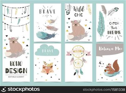 Collection of boho cards set with feather,dreamcatcher,fox.Vector illustration for birthday invitation,postcard,poster,card,cover