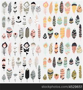 Collection of boho vintage tribal ethnic hand drawn colorful feathers, vector illustration