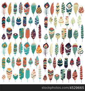Collection of boho vintage tribal ethnic hand drawn colorful feathers, vector illustration