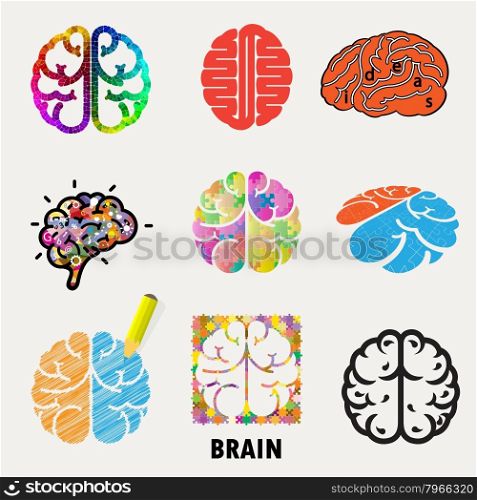 Collection of brain, creation and idea icons and elements.Creative brain abstract vector logo design template. Corporate business industrial creative logotype symbol.Vector illustration