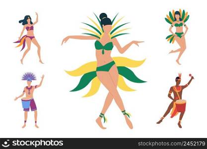 Collection of Brazilian dancers in costumes. Flat cartoon characters celebrating annual festival. Vector illustration for promo, banner, leaflet. Collection of Brazilian dancers in costumes 