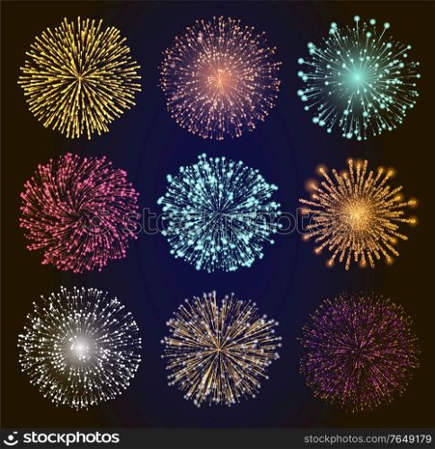 Collection of bright fireworks. Set of pyrotechnics for celebration of holidays and parties. Decor for cards designs and web. Festivals and carnivals effects at night sky. Vector in flat style. Fireworks Set Decoration for Holidays and Parties