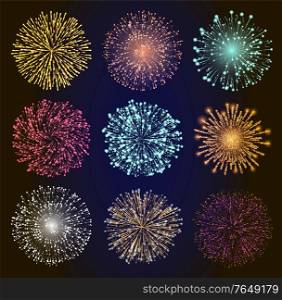 Collection of bright fireworks. Set of pyrotechnics for celebration of holidays and parties. Decor for cards designs and web. Festivals and carnivals effects at night sky. Vector in flat style. Fireworks Set Decoration for Holidays and Parties
