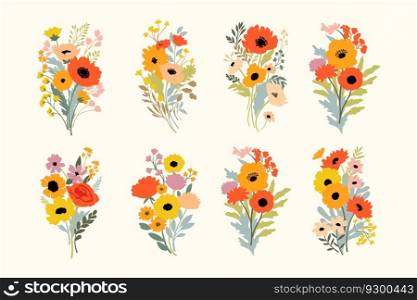 Collection of bright summer floral bouquets in flat style. Vector illustration