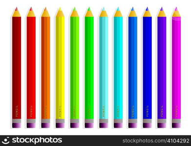 Collection of brightly colored pencils with shadow and eraser