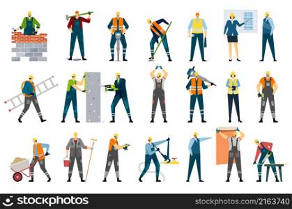 Collection of building construction worker mason and repairman. Vector of construction building workers set illustration. Collection of building construction worker mason and repairman