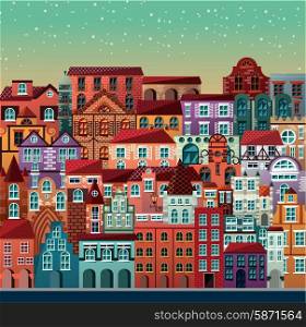 Collection of buildings and houses, old architecture, urban scene, vector illustration