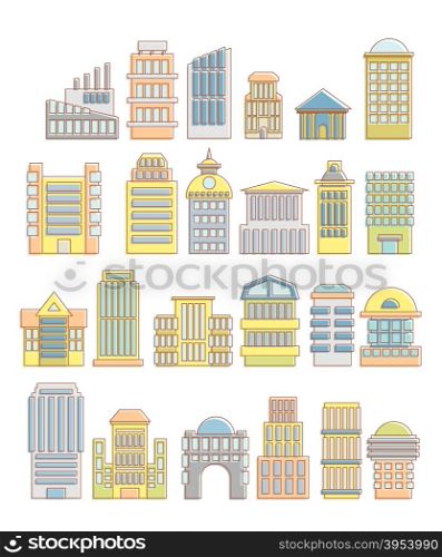 Collection of buildings, houses and architectural objects. Urban elements in cartoon style. Icons of public buildings and facilities. Skyscrapers and arches. Tower and hospital. Municipal offices and business facilities.