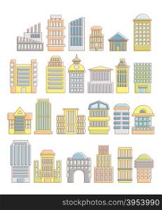 Collection of buildings, houses and architectural objects. Urban elements in cartoon style. Icons of public buildings and facilities. Skyscrapers and arches. Tower and hospital. Municipal offices and business facilities.