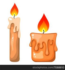 Collection of Burning Candles from Paraffin Wax for Your Design, Game, Card. Vector Illustration isolated on white background. Cartoon Style. Holiday Elements.