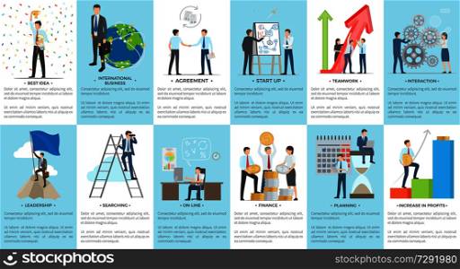 Collection of business banners with text. Isolated vector illustration of diligent male and female employees working hard and climbing career ladder. Set Business Banners Depicting Diligent Employees