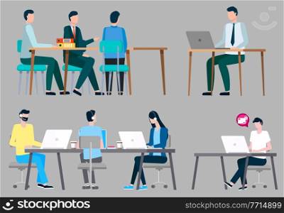 Collection of business characters. Isolated set of businessman on meeting. Leaders and employees with laptops discussing new ideas. Hotline call center with workers wearing headphones, vector. Business Meeting, Workers and Bosses Collection