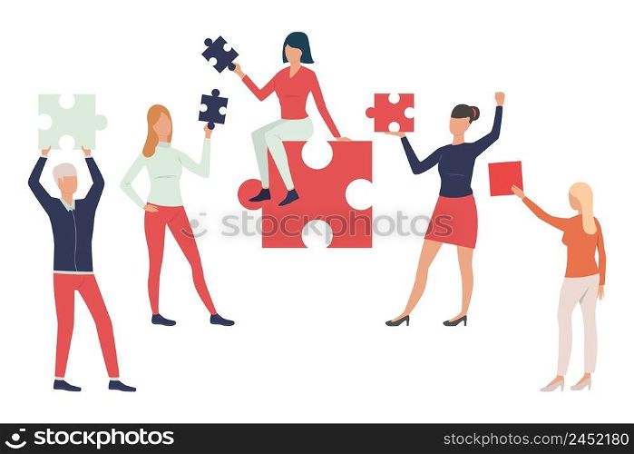 Collection of business people with puzzle pieces. Business team connecting jigsaw puzzle. Vector illustration for promo, commercial, tutorial. Collection of business people with puzzle pieces