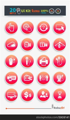 Collection of business, shopping icons such as devices, tag, sticker, basket in white and red color isolated on white background. Stylish ui kit concept set