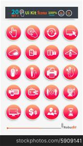 Collection of business, shopping icons such as devices, tag, sticker, basket in white and red color isolated on white background. Stylish ui kit concept set