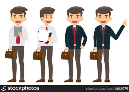 Collection of businessman character happy and working on isolated. Successful cartoon business character vector illustration. Character of business people in various pose.