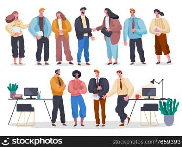 Collection of businessmen and businesswomen. Isolated male and female characters working in office. Man and woman, teams and partners shaking hands on business meetings. Vector people in office. Business People in Office, Set of Workers Vector