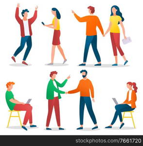 Collection of businesspeople and friends. Set of personages shaking hand. Woman and man using laptop working on freelance. Male and female with mobile phone discussing problems, vector in flat. Workers and Friends Collection, Business Character