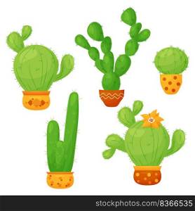 Collection of cacti. Beautiful prickly tropical green cactus in flowerpots. Vector illustration in flat style