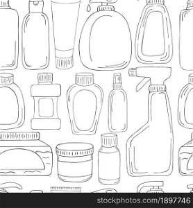 Collection of cans, packages, tubes. Coloring Seamless pattern. Set of bathroom elements in hand draw style on a white background. Monochrome medical seamless pattern. Coloring pages, black and white
