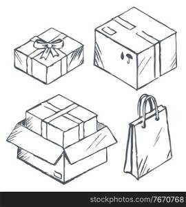 Collection of carton boxes, presents decorated with ribbon bow. Isolated icons sets, monochrome sketch outline. Delivery parcels with tape and signs, shopping bag. Shop symbols vector in flat. Parcel and Box, Present and Shopping Bags Set