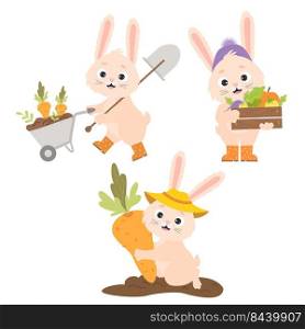 Collection of cartoon characters rabbit farmers. Cute bunny in rubber boots with crop, with garden wheelbarrow and shovel, collects carrots from garden. Vector illustration for cards, design and decor
