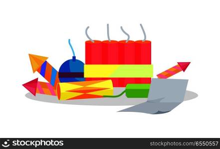Collection of cartoon fireworks and paper instruction nearby isolated on white. Bright pyrotechnic rockets, bombs devices. Flat vector illustration of explosive holiday equipments for Christmas. Set of Cartoon Fireworks and Paper Instruction