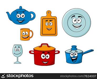 Collection of cartoon kitchenware with a teapot, bread board, plate, mug, wineglass, pot and saucepan isolated on white. Collection of cartoon kitchenware