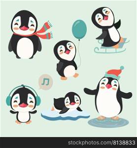 Collection of cartoon penguin on pastel background. . Collection of cartoon penguin