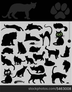 Collection of cats. Black silhouettes of house cats. A vector illustration
