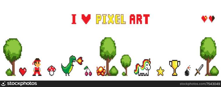 Collection of characters man and dragon, heart and star, cup and sword, unicorn and bomb near trees and bushes. Pixel art isolated on white vector. Collection Pixel Art Isolated on White Vector