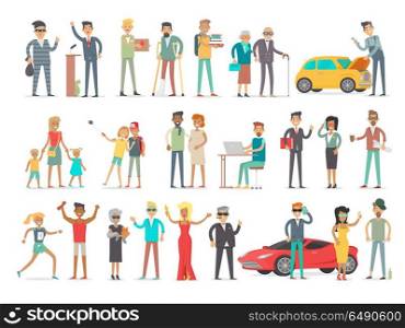 Collection of Characters of Different Social Level. Collection of characters of different social level. People society concept. Rich and poor, successful and unfortunate, young and od, teenagers and aduts. Students and businessmen. Vector in flat style