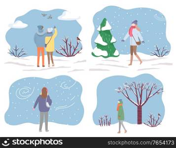 Collection of characters wearing warm clothes walking in winter park. Set of personages strolling through snow falls and snowstorms. Man and woman on date pointing on flying birds, vector in flat. People Walking in Park in Winter Couple on Date