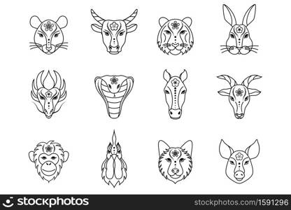Collection of chinese zodiac signs on white background. Line art icons.. chinese zodiac signs