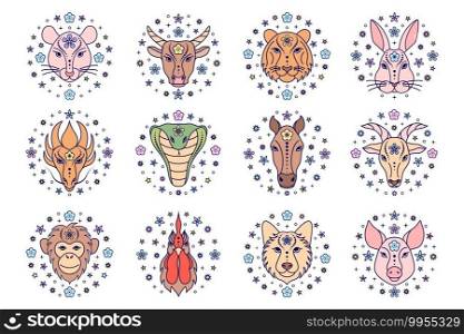 Collection of Chinese zodiac signs on white background. Line art icons.. Chinese zodiac signs.