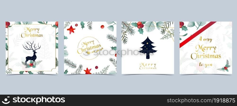 Collection of Christmas background set with holly leaves,flower,reindeer.Editable vector illustration for New year invitation,postcard and website banner