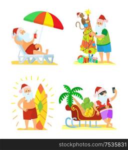 Collection of Christmas beach holiday Santa Claus vector in flat style isolated on white. Surf and chaise-lounge, fir-tree with monkey and palmtree. Collection of Christmas Beach Holiday Santa Vector