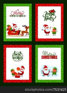 Collection of Christmas cards with Santa Claus. Vector cartoon images with festive clothed characters. Father Frost and Elf riding carriage full of gifts. Christmas Cards Collection with Santa Claus