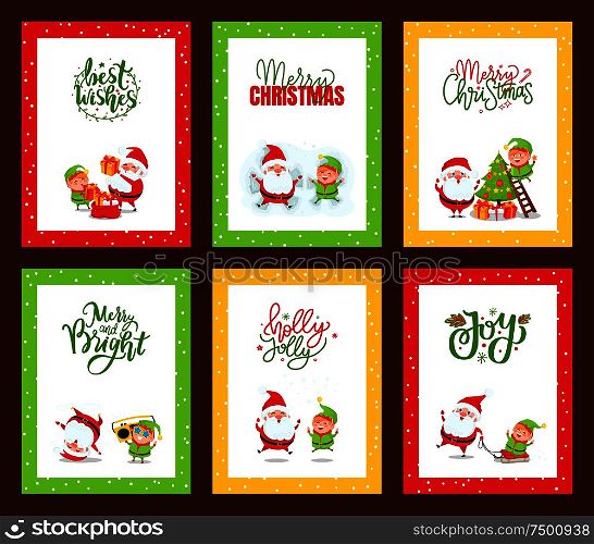 Collection of Christmas cards with Santa. Vector of festive cartoon illustrations with Santa Clause, elf and deer jumping, listening to music, having fun. Collection of Christmas Cards with Cute Santa Clause