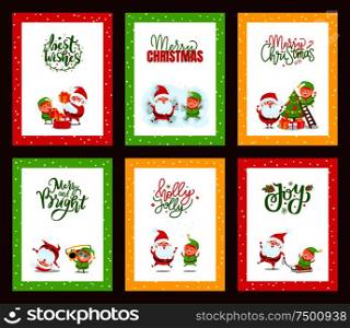 Collection of Christmas cards with Santa. Vector of festive cartoon illustrations with Santa Clause, elf and deer jumping, listening to music, having fun. Collection of Christmas Cards with Cute Santa Clause