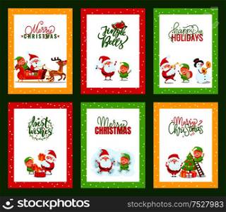Collection of Christmas cards with Santa. Vector of festive cartoon illustrations with Santa Clause, elf and deer jumping, listening to music, having fun and text. Collection of Christmas Cards with Cute Santa Clause