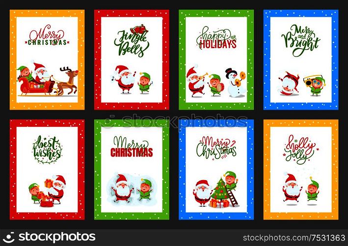 Collection of Christmas cards with Santa. Vector of festive cartoon illustrations with Santa Clause, elf and deer jumping, listening to music, having fun and text. Collection of Christmas Cards with Cute Santa Clause