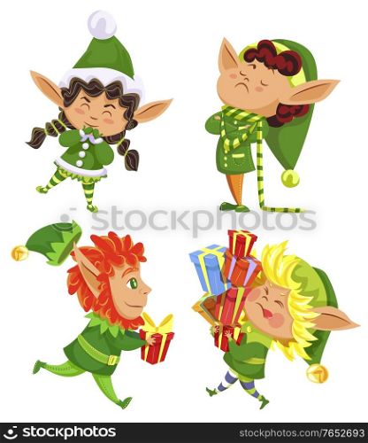 Collection of christmas characters, isolated xmas elves wearing traditional costumes. Kids with presents for winter holidays. Child with gifts in boxes. Dwarfs boys and girls, vector in flat. Xmas Elves with Presents, Dwarfs with Gifts Set