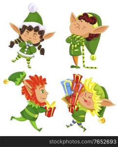 Collection of christmas characters, isolated xmas elves wearing traditional costumes. Kids with presents for winter holidays. Child with gifts in boxes. Dwarfs boys and girls, vector in flat. Xmas Elves with Presents, Dwarfs with Gifts Set