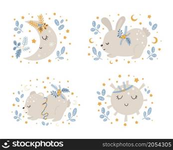 Collection of Christmas cute animals, merry Christmas illustrations of bear, bunny with winter accessories. Scandinavian style on a white background.. Collection of Christmas cute animals, merry Christmas illustrations of bear , bunny with winter accessories.