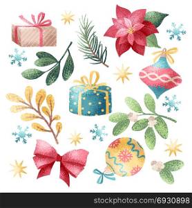 Collection of Christmas decoration elements. Holiday bright background for fabric, textile.. Christmas holiday elements