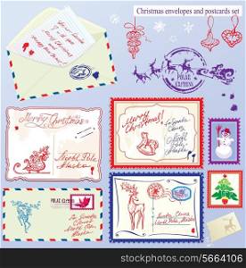 Collection of Christmas envelops, postcards, stamps and hand drawn texts and pictures - Christmas and New Year postage set.